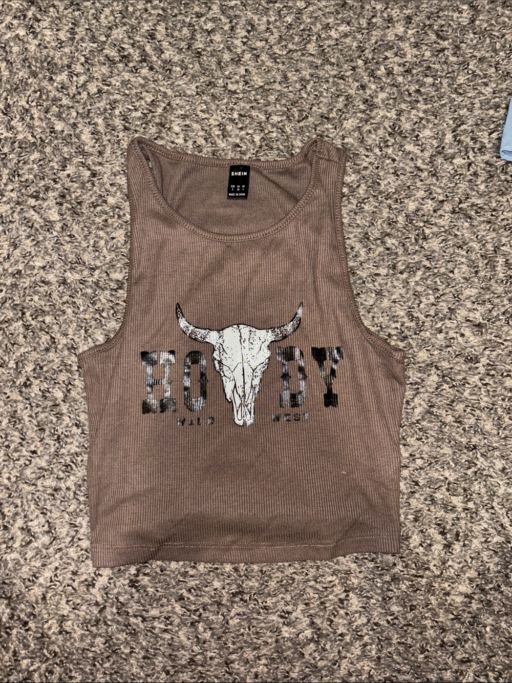 SHEIN Brown Ribbed Graphic Crop Tank with Skull Motif